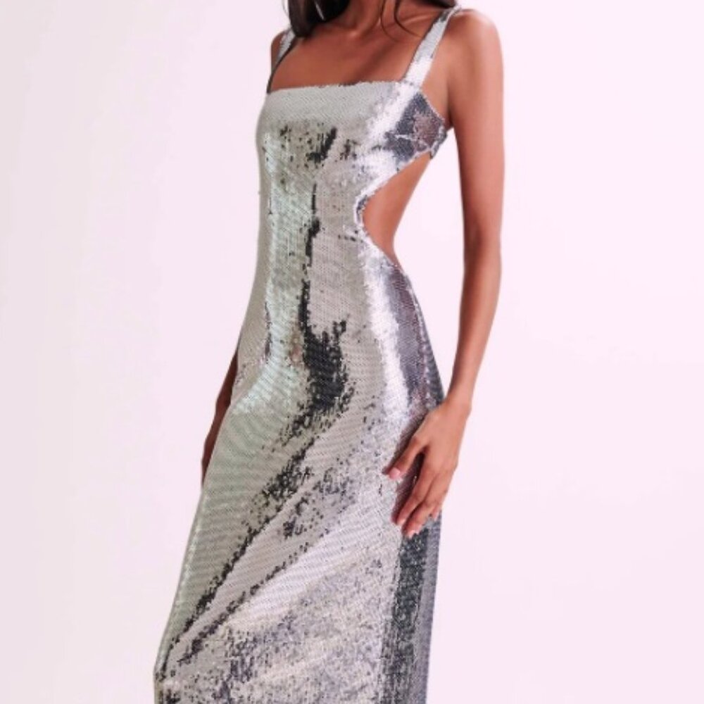 MESHKI - ADORIA - SEQUIN CUT OUT MAXI DRESS - SILVER - XXS
